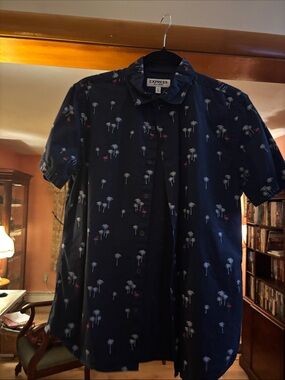 Express Navy Short-Sleeve Palm-Print Button-Down Shirt